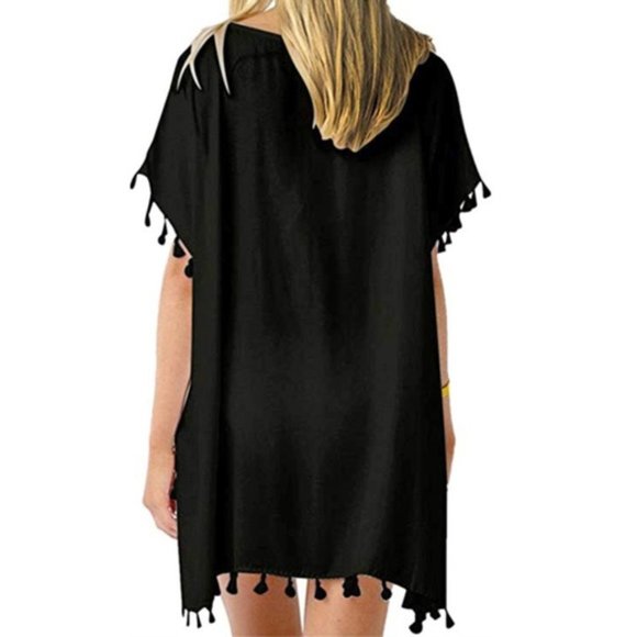 Flattering Tassel Beach Swim Coverup Black Pom Pom - Picture 2 of 7